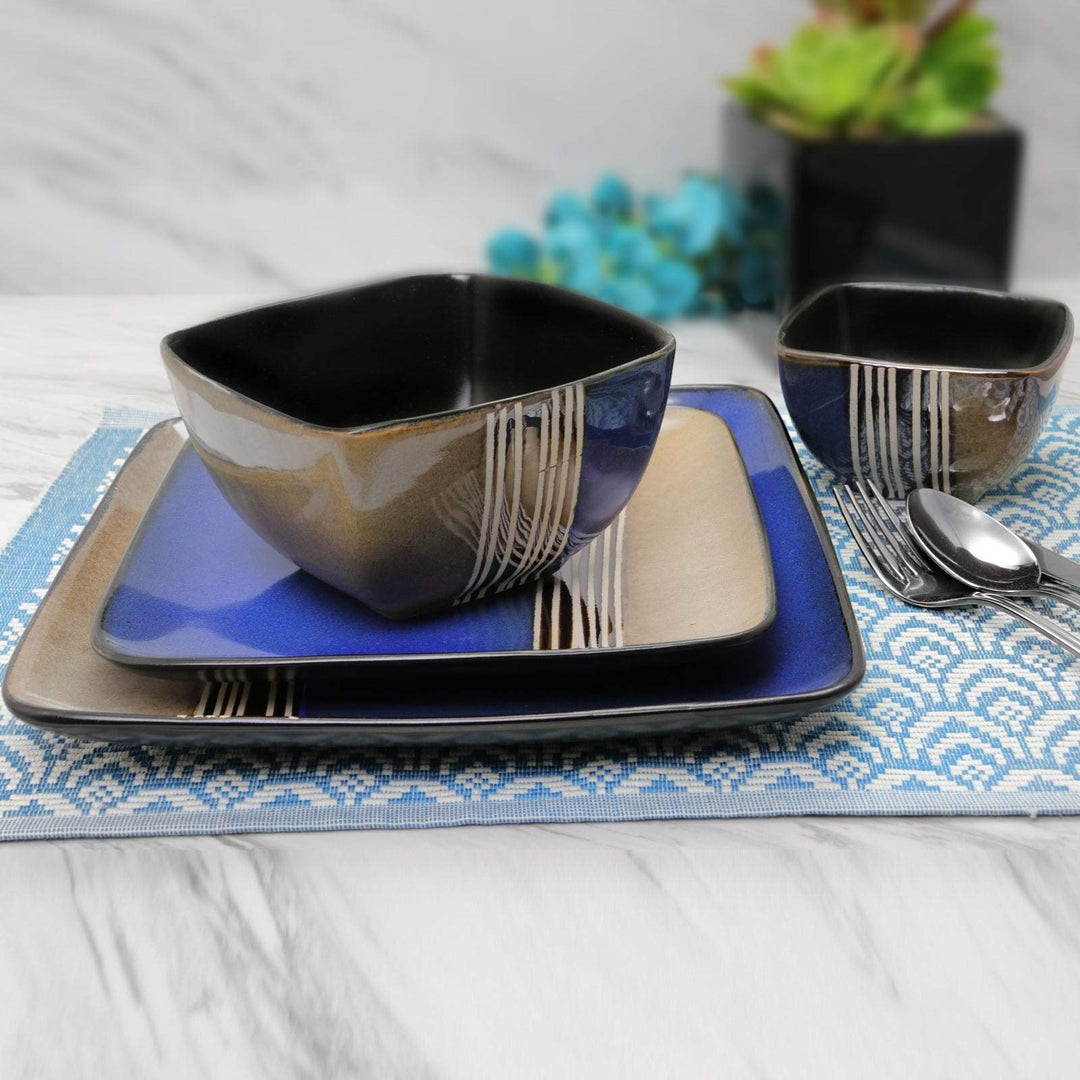 Lounge 16 Piece Squared Dinnerware Set Blue Stripe Casual Square Stoneware