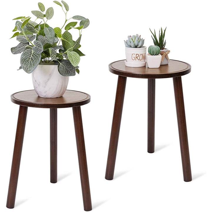 Wood Plant Stand Round Small Side Table Holder (Set of 2) Brown Rustic