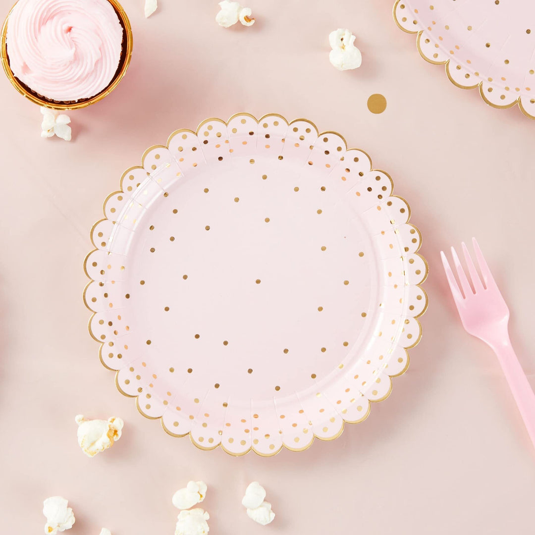 Scalloped Polka Dot Paper Plates Rose Gold 30th Birthday Decorations for Her