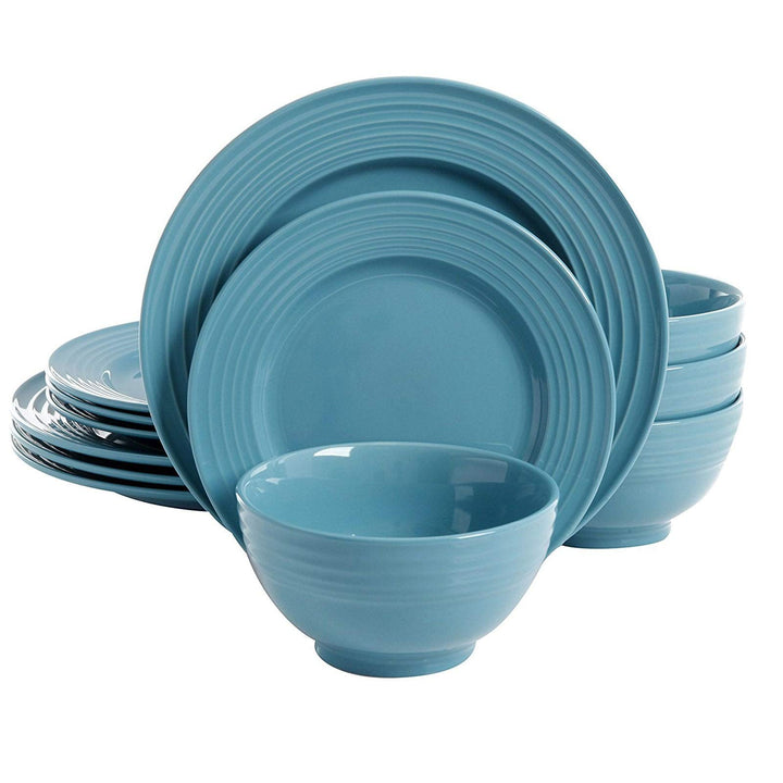 Banded Gloss 12 Piece Stoneware Dinnerware Set in Turquoise Blue Casual Round