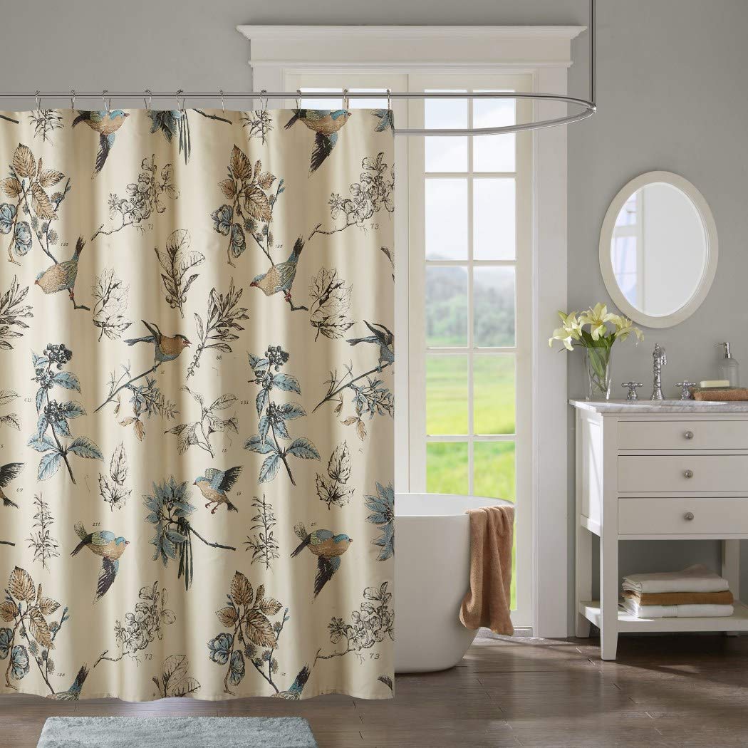 1 Piece Khaki Blue Birds Floral Pattern Shower Curtain 72"x72" Elegant Kids