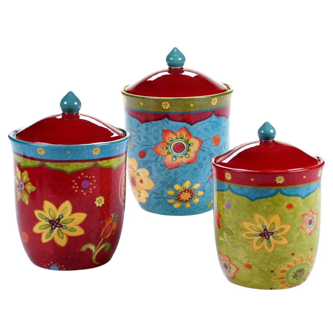Sunset Canisters (Set Of 3) Blue Green Red Floral Ceramic