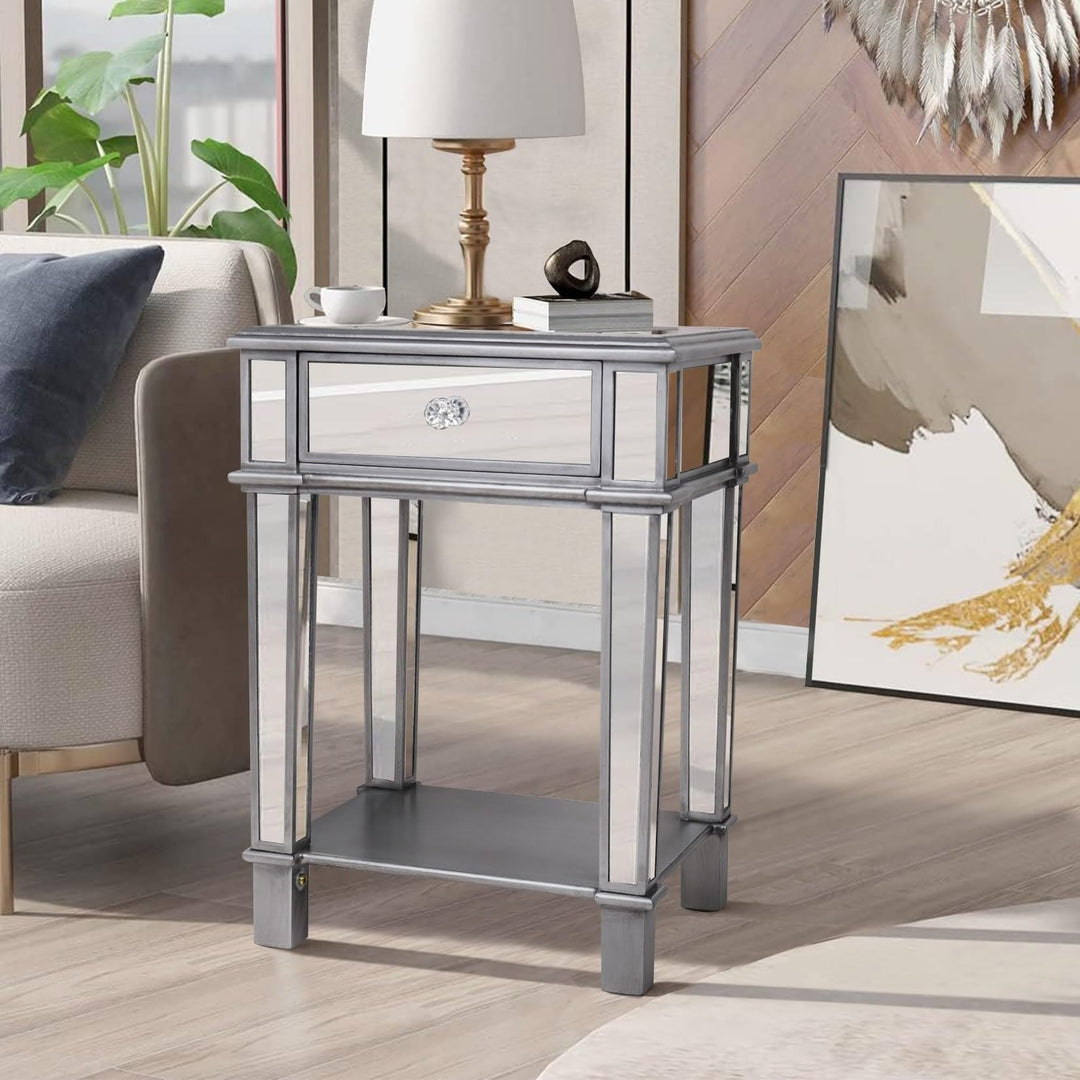 1-Drawer Mirrored Accent End Table Silver Glam Rectangular Glass MDF Matte