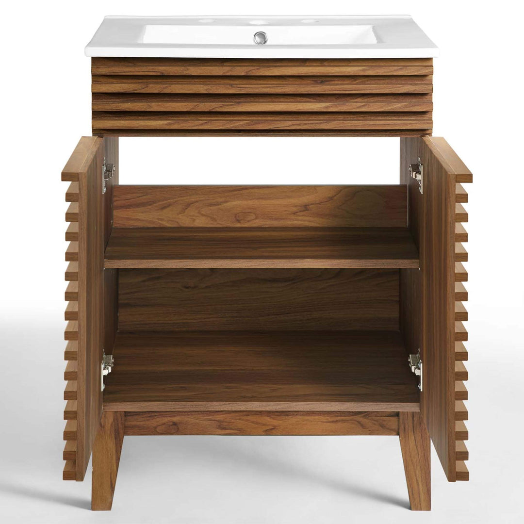 Modway Render Mid-Century Bathroom Vanity With Sink in Walnut White 24 Inch