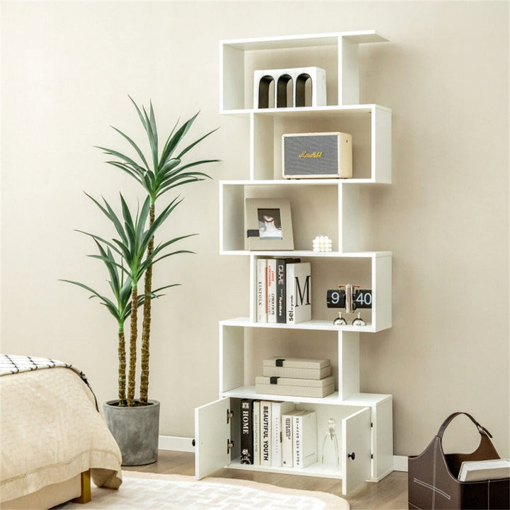 6-Tier S-Shaped Freestanding Bookshelf with Cabinet and Doors White Modern - Diamond Home USA