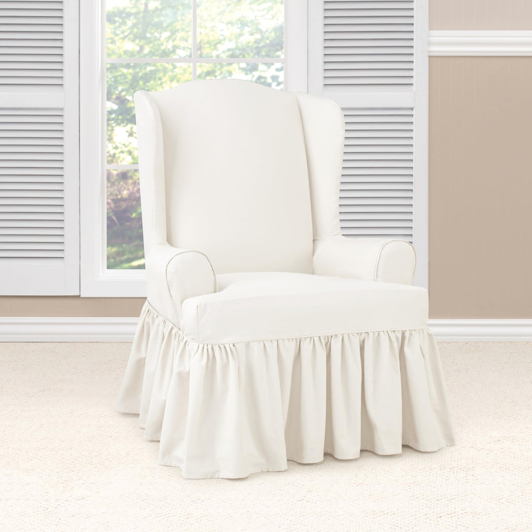 Twill 1 Piece Wing Chair Slipcover White Solid Cotton