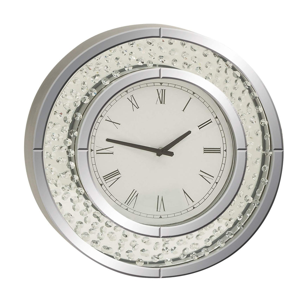 Jeweled Glass Mirror Wall Clock Clear Silver White Glam Round Battery