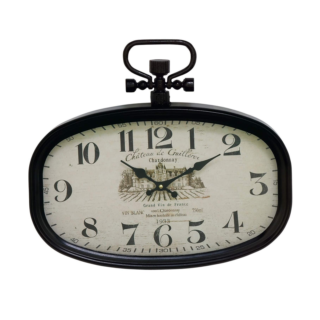 Black Iron Oval Wall Clock with White Face Rustic Wood Espresso Finish Numerical