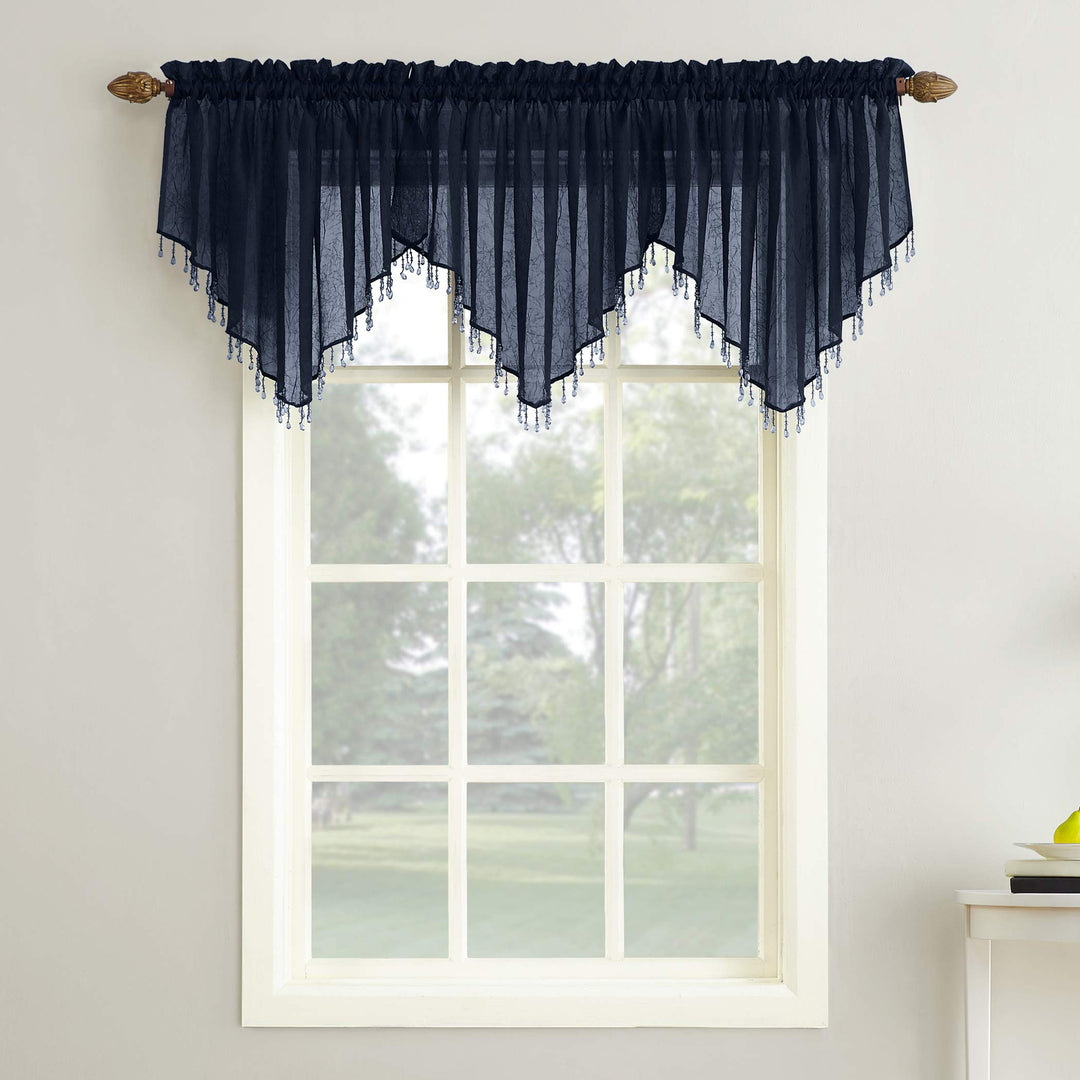 No. 918 Erica Crushed Voile Ascot Beaded Sheer Rod Pocket Curtain Valance 51x24 - Navy