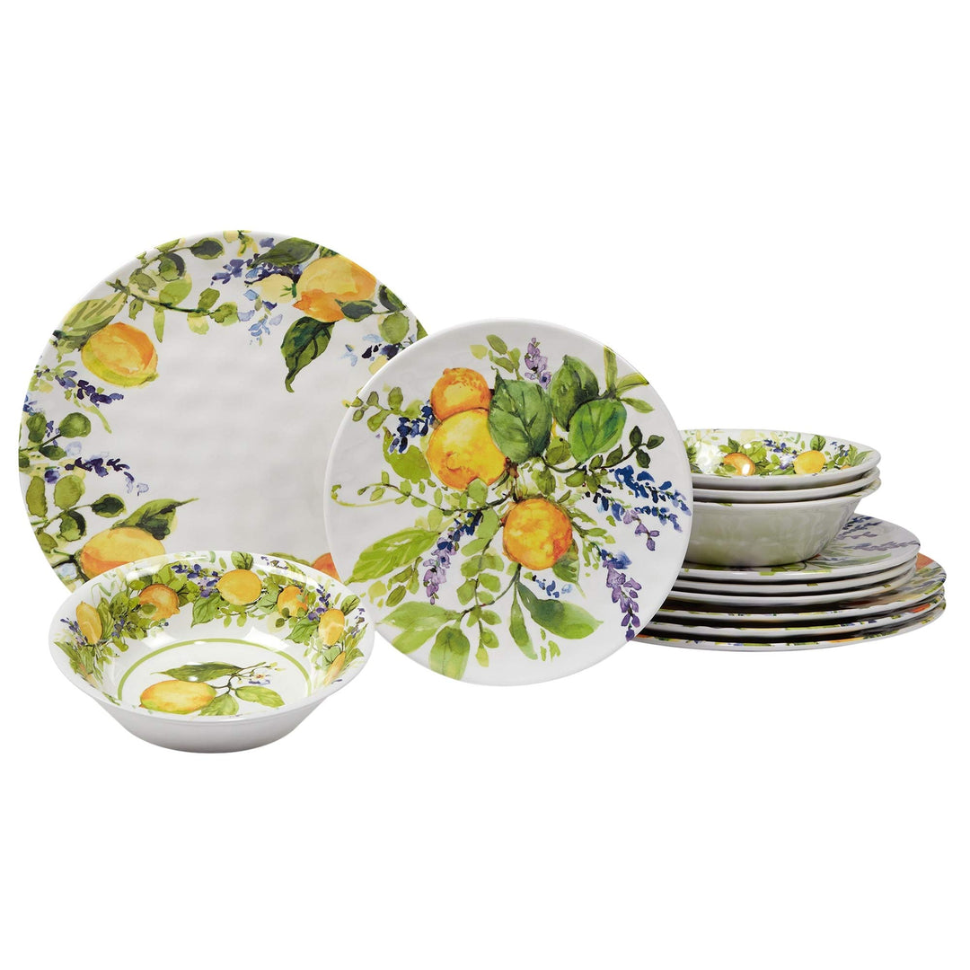 Lemon 12 Pieces Dinnerware Set Green Multi Color Yellow Fruit Country