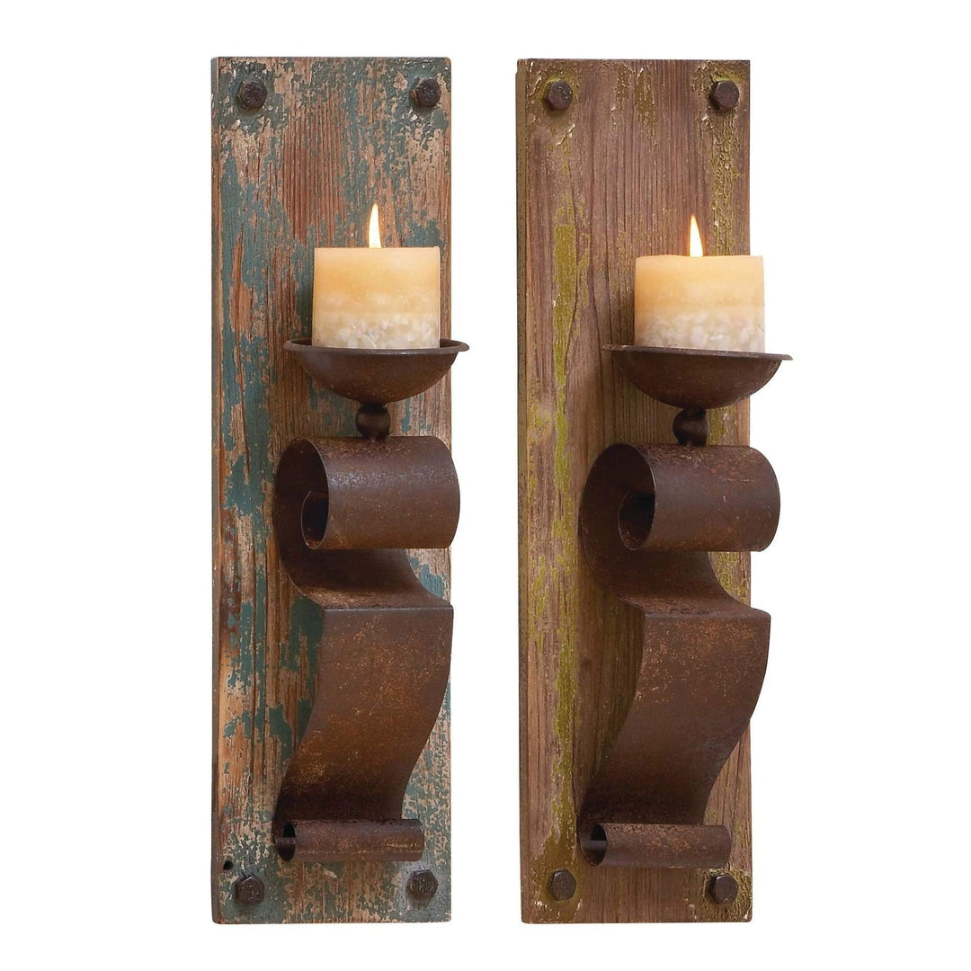 Rustic Brown 19-inch Candle Sconces (Set of 2) Farmhouse Iron Wood