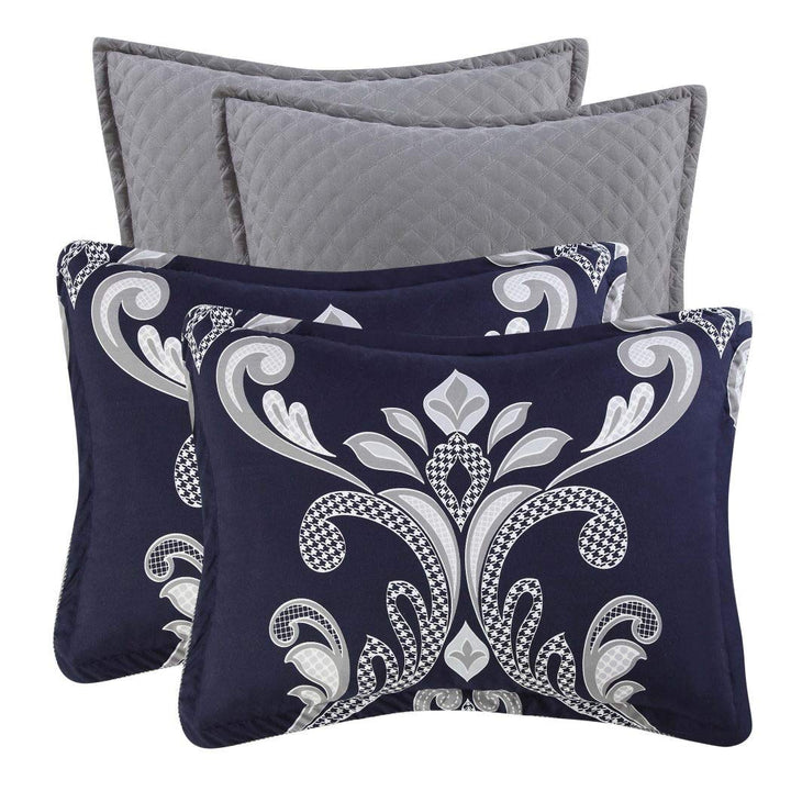 D&H 10 Piece Blue Silver White Damask Theme Comforter King Set Beautiful All