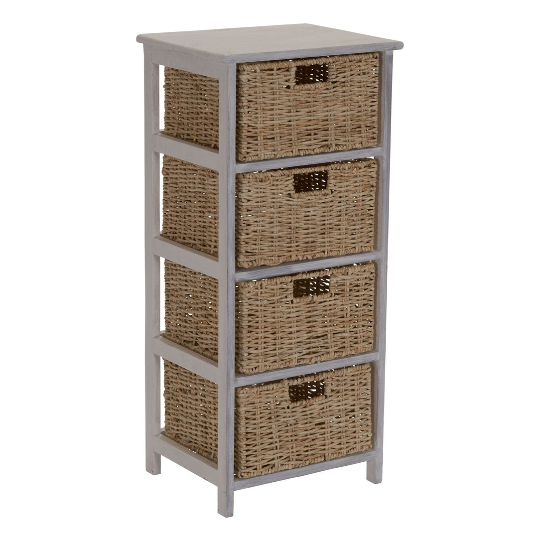 Whitewash 4-Basket Storage Tower Brown Beach Wicker-Rattan Painted