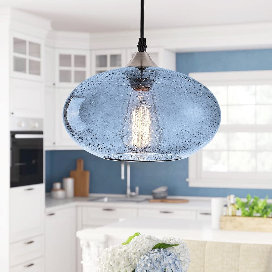 Farmhouse 1-Light Blue Bubble Glass Design Brushed Nickel Iron Dimmable