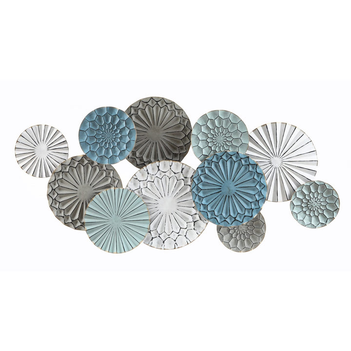 Metal Floral Pattern Round Discs Abstract Wall Art Blue Grey White Modern