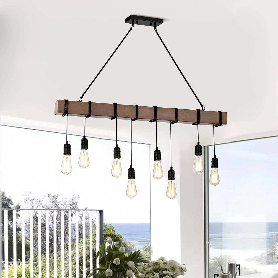 8-Light Natural Wooden Beam Linear Chandelier 41.7 Inches L X 5 W 38.6 H