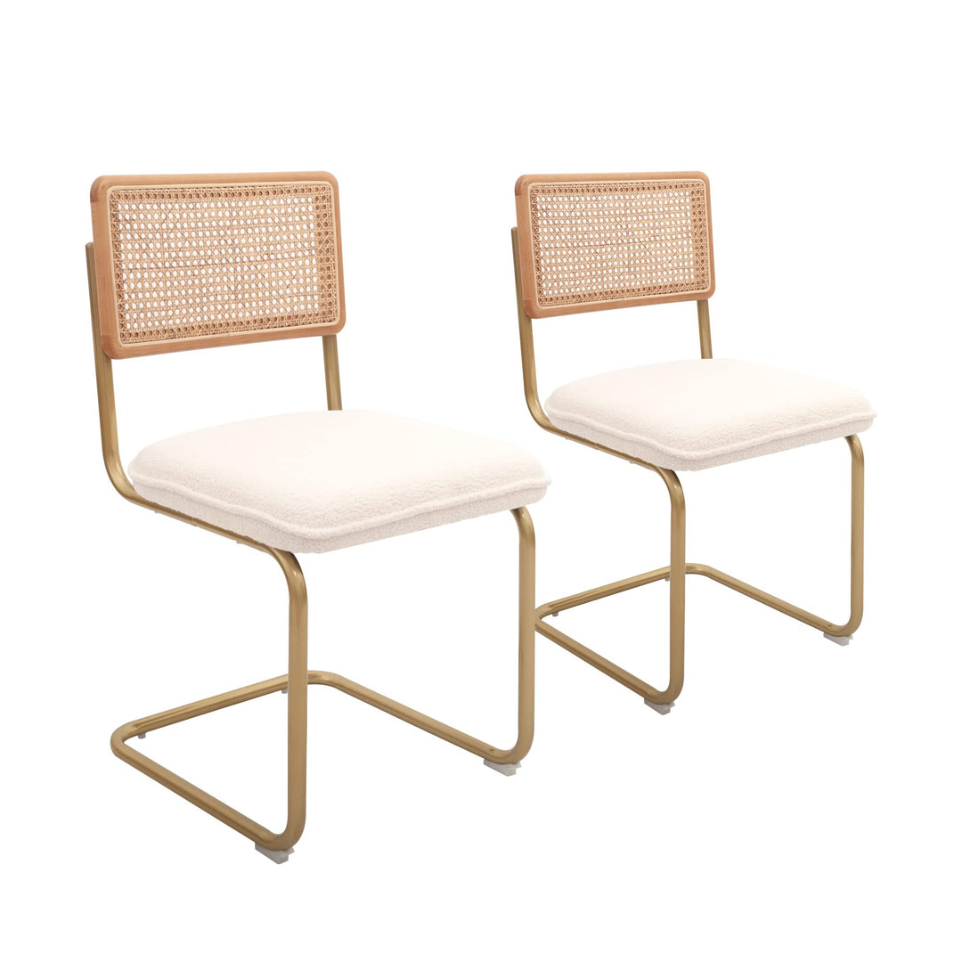 CangLong Mid-Century Modern Rattan Chairs Upholstered Fleece Seat Armless Chairs White