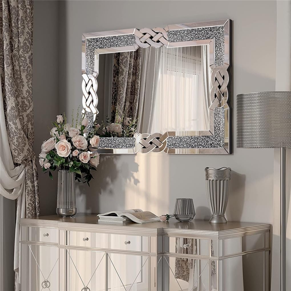 Glam Accent Diamond Mirror 36"x24" Silver Modern Contemporary Frameless