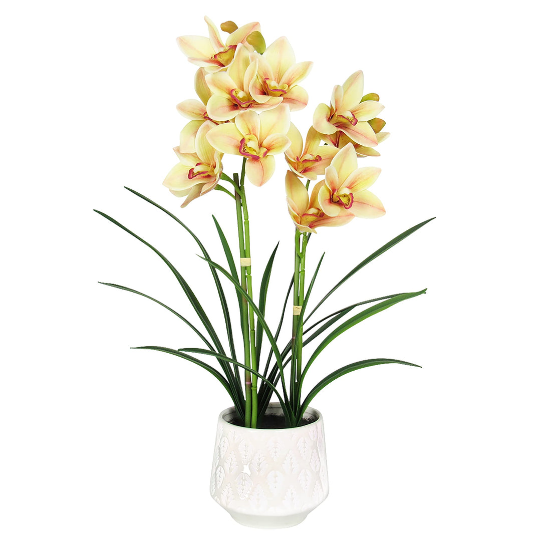 Orchid Flower Arrangement 2 Stem in Leaf Pattern Ceramic Pot 24in 24" H X 18"