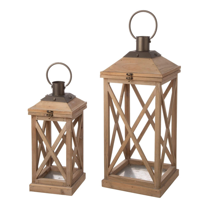 Set of 2 Modern Farmhouse Wooden Lantern Brown Contemporary Iron Wood Finish Natural