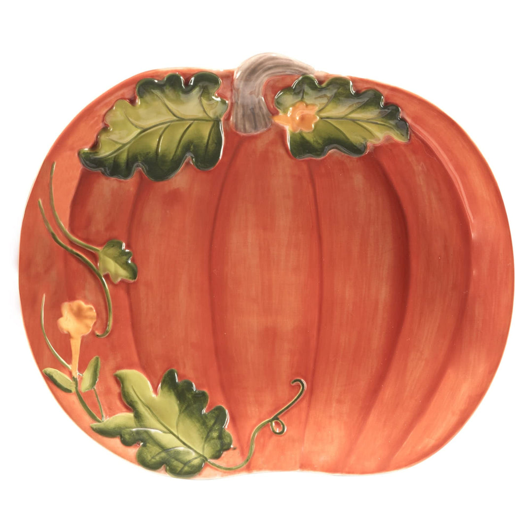 Harvest Morning Pumpkin Platter 13.75" X 11.5" Multi Color Orange White Fruit