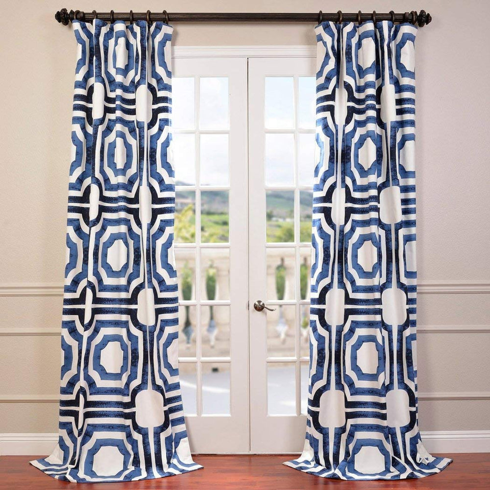 1 Piece Blue Mecca Printed Window Curtain 96 Inch White Tile Moroccan Octagon 50 X 96 - Mecca Blue