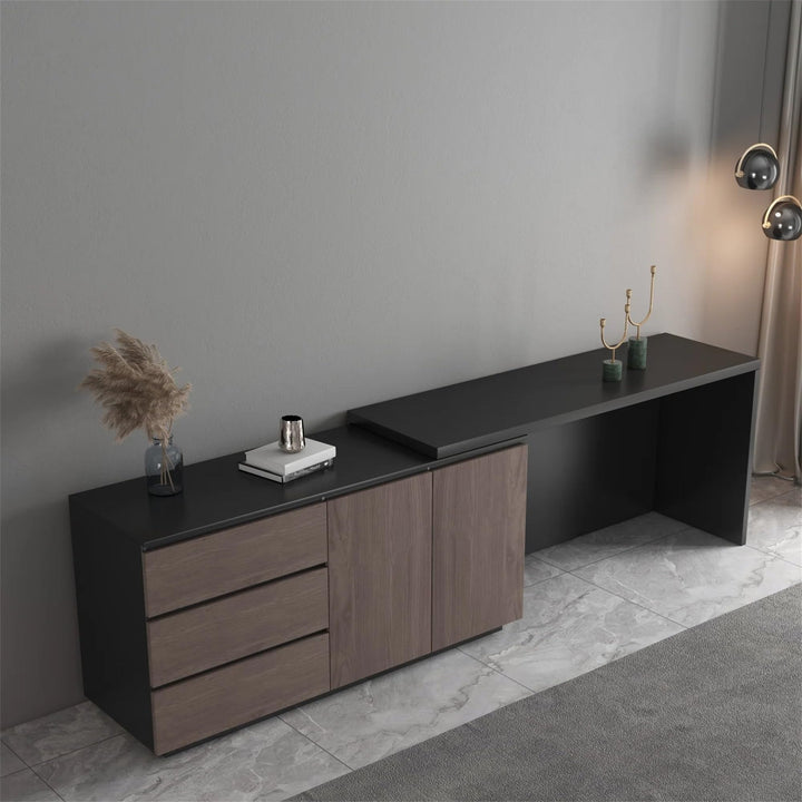 Home Office Expandable Desk with Drawer Dresser for Storage Black Brown Modern