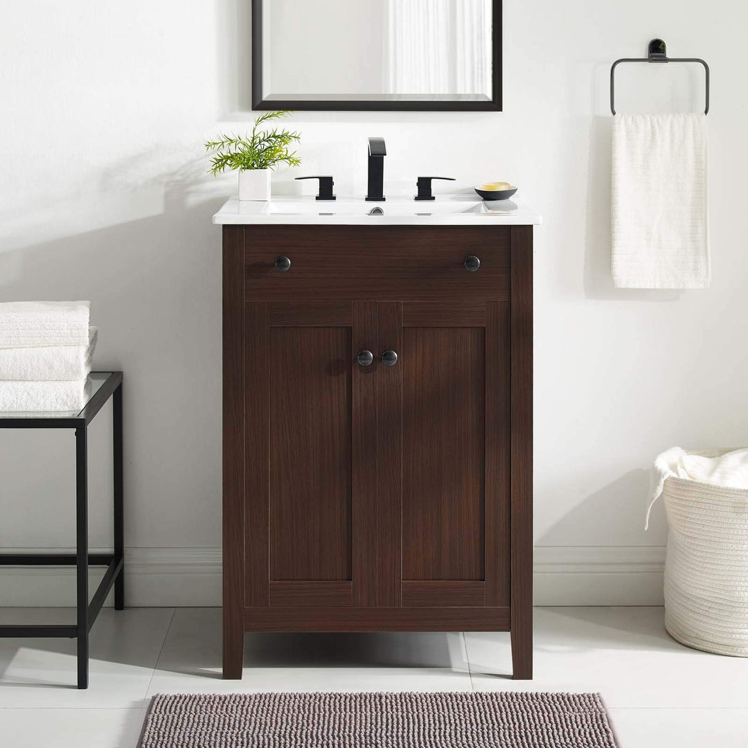 Modway Nantucket Bathroom Vanity Cabinet 24" with White Sink Walnut