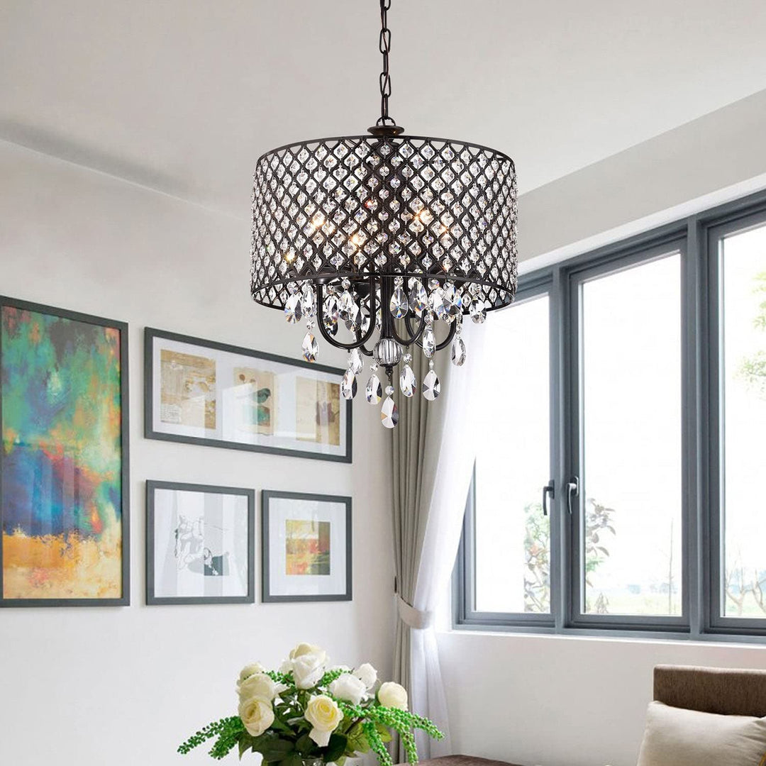 Black 4-Light Round Beaded Drum Chandelier with Crystals Hanging Glam Modern