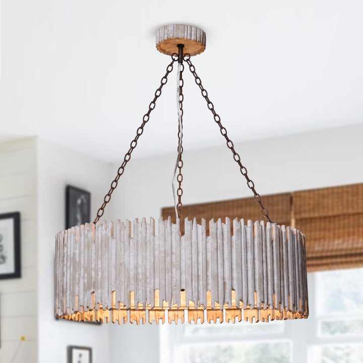 Distressed White 3-light Wooden Drum Chandelier Farmhouse Metal Wood Dimmable