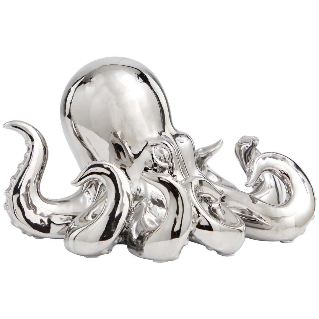 Silver Ceramic Octopus Sculpture with Textured Tentacles