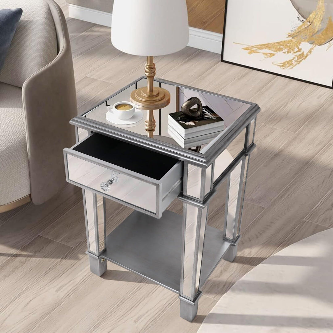 1-Drawer Mirrored Accent End Table Silver Glam Rectangular Glass MDF Matte - Diamond Home USA