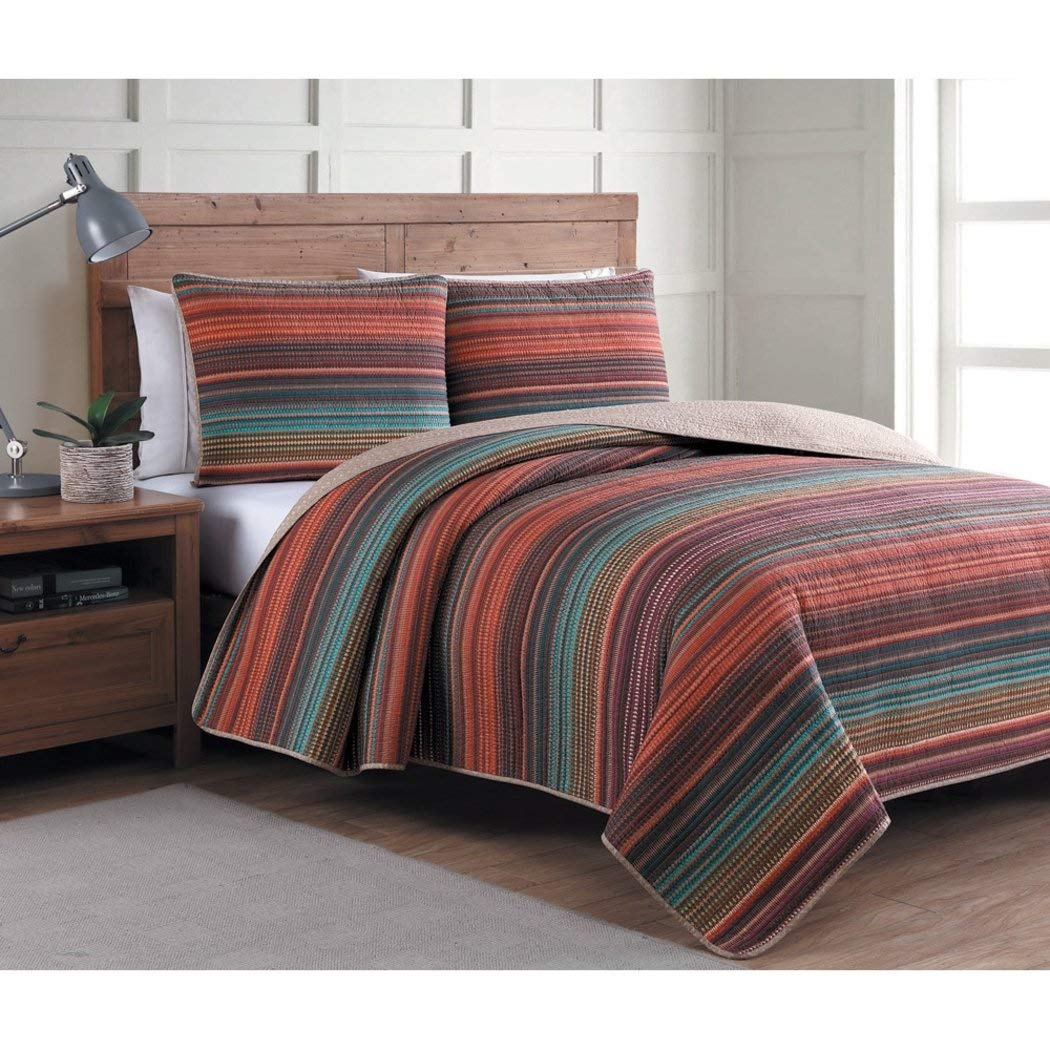 D&H 3 Piece Gem Tones Colorful Rainbow Stripes Quilt Full Queen Set Summer Traditional - Full - Queen/Full/Queen - 3 Piece - 3 Piece