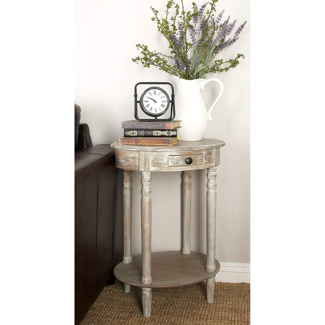 Farmhouse 27 Inch Oval Wooden Accent Table with Drawer Taupe Pine Distressed 15"W x 20"L x 27"H - Light Brown