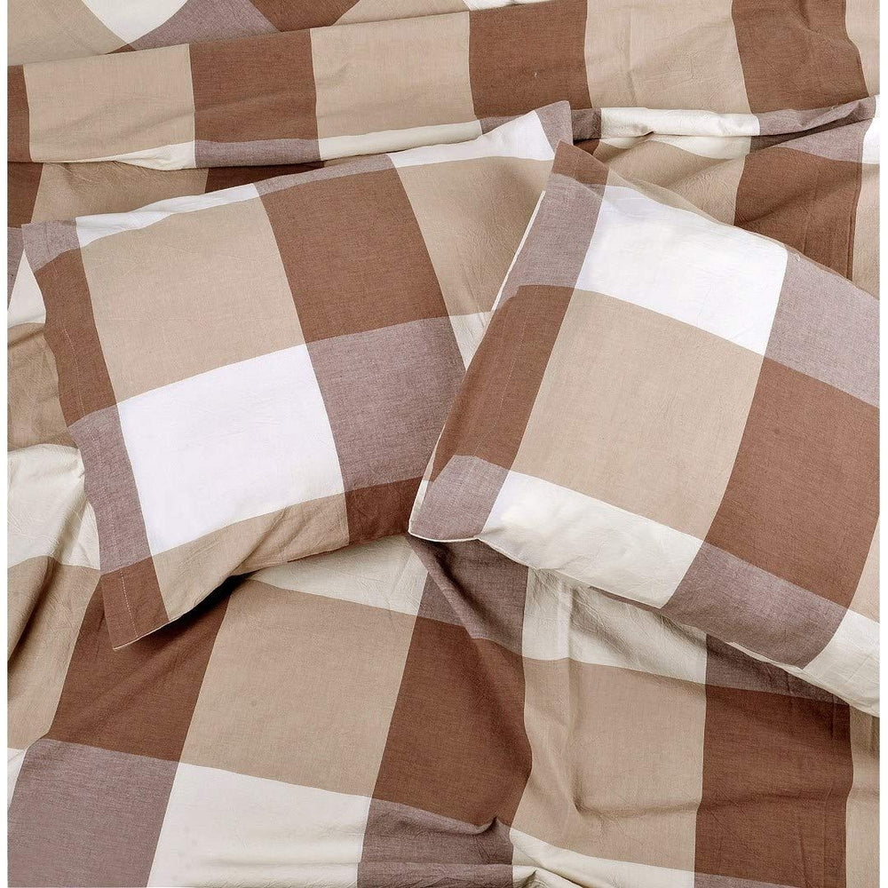 3 Piece Caramel Brown Plaid Pattern Duvet Cover Set King Tan Beige Checkered - Diamond Home USA