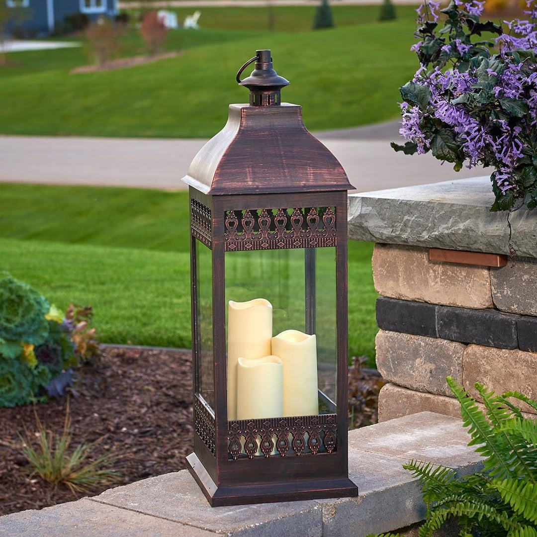 San Triple Led Candle Lantern- Bronze Brown Classic Glass Metal Antique