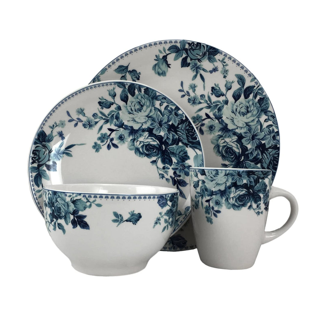 Traditional Blue Rose Stoneware Dinnerware Set (Case Of 16) Floral Casual 16