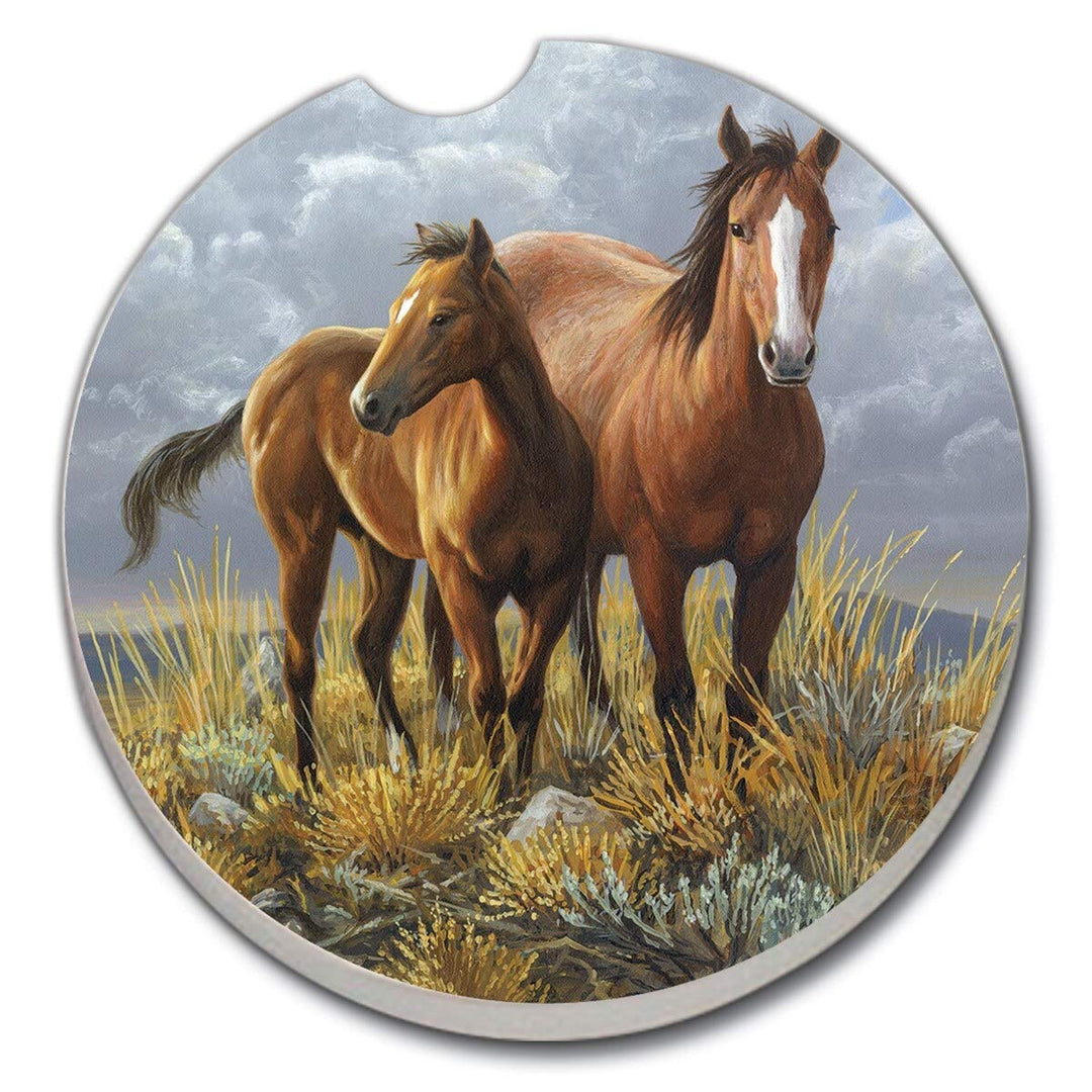 Absorbent Stone Car Coasters Horses Set of 2 Stoneware