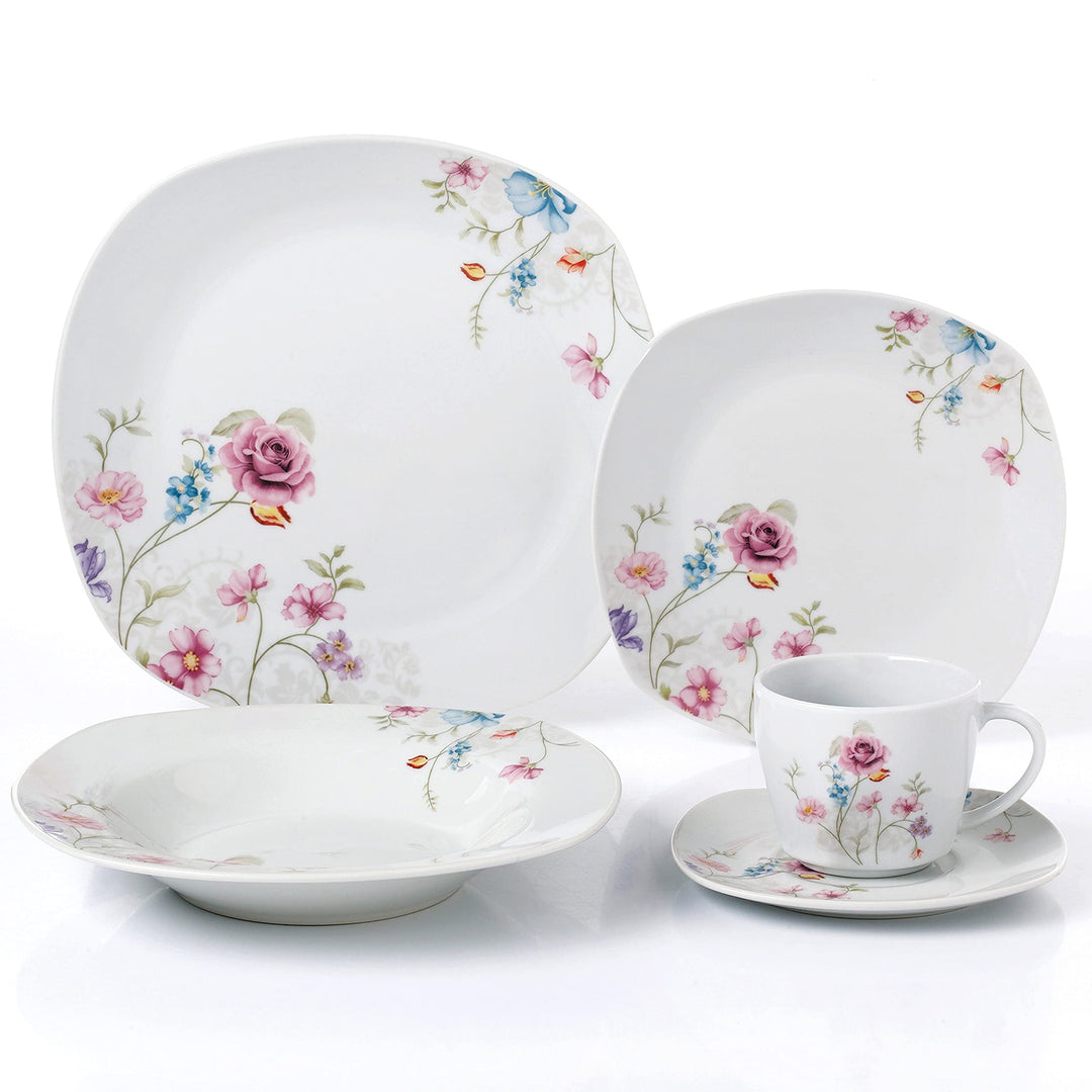 20 Pc. Square Dinnerware Set Service For 4-small Floral Design White Casual