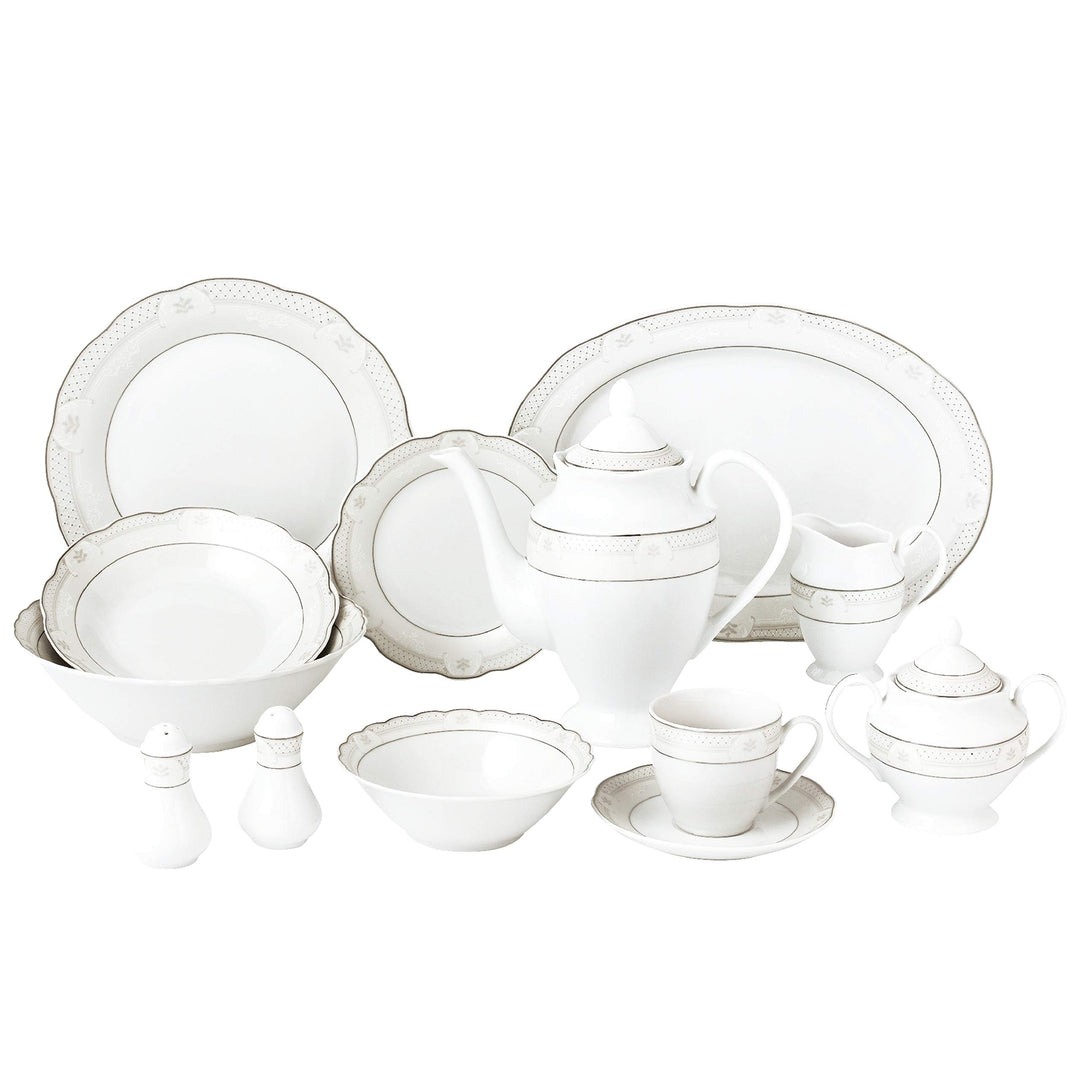 57 Piece Wavy Dinnerware Set-porcelain China Service For 8 People-atara Silver