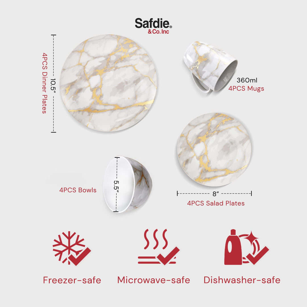 Safdie & Co. - Gold Marble Plates and Bowls Sets Modern Kitchen 16-Piece