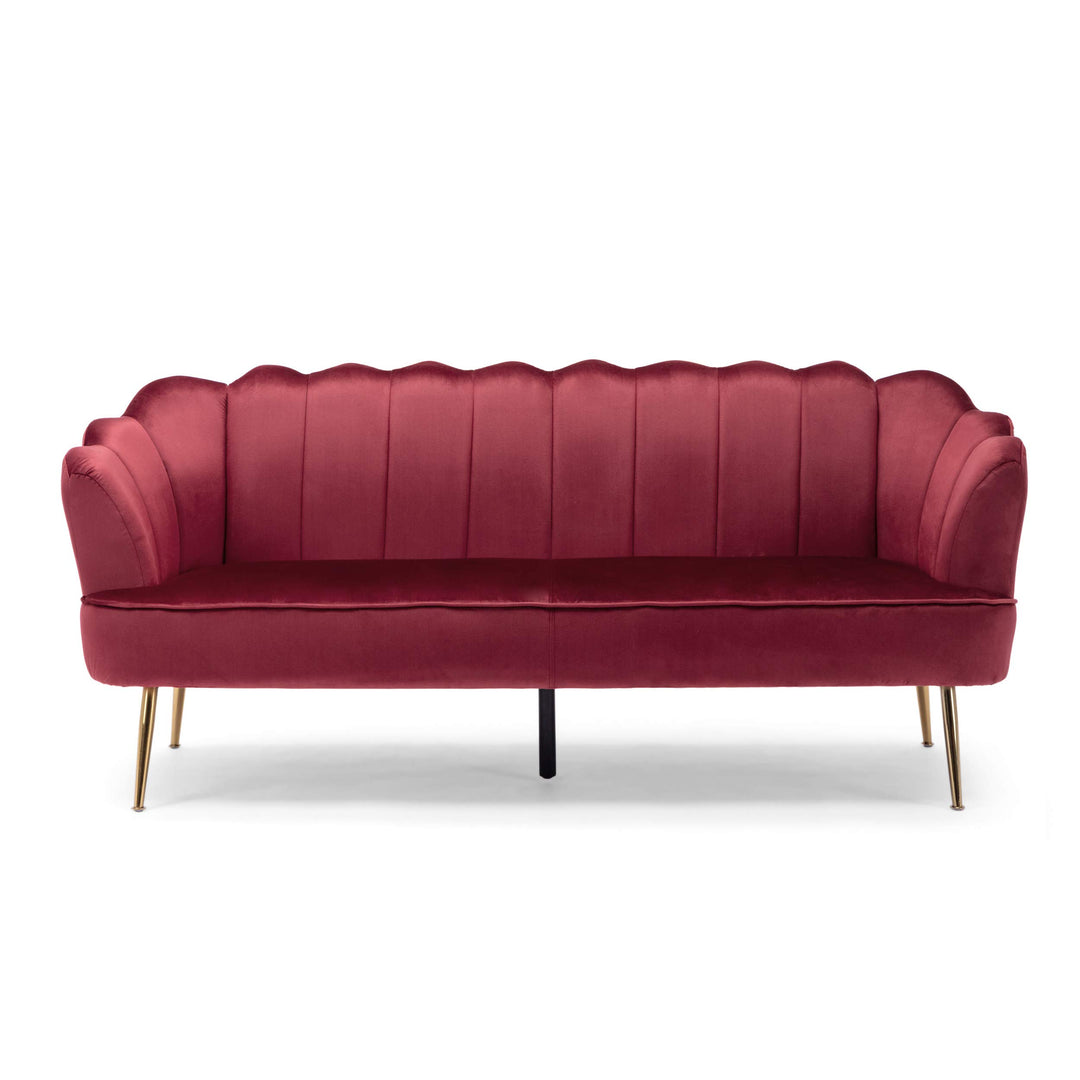 Christopher Knight Home Reitz Channel Stitch 3 Seater Shell Sofa - Velvet - Berry Red + Gold