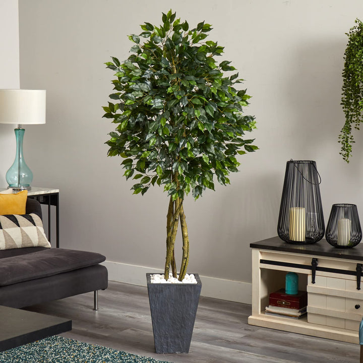 Nearly Natural 6.5ft. Ficus Slate Planter UV Resistant (Indoor/Outdoor)