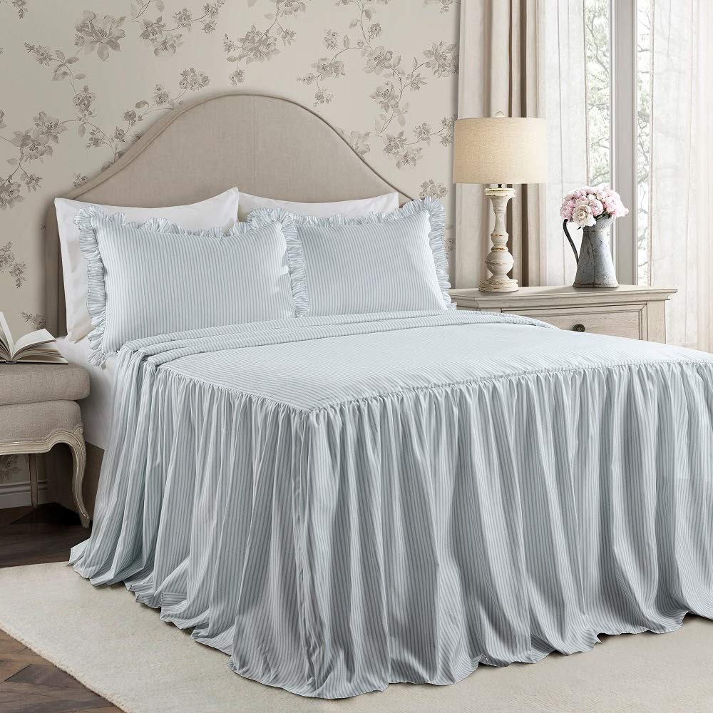 3 Piece Beautiful Ruffle Skirt Sky Blue Bedspread Set King Stylish Pinstripes Lake Blue - King