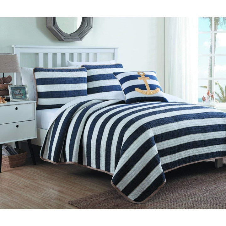 UN3 4 Piece Gold Navy Blue White Full Queen Quilt Set Rugby Striped Themed Full - Queen - Blue