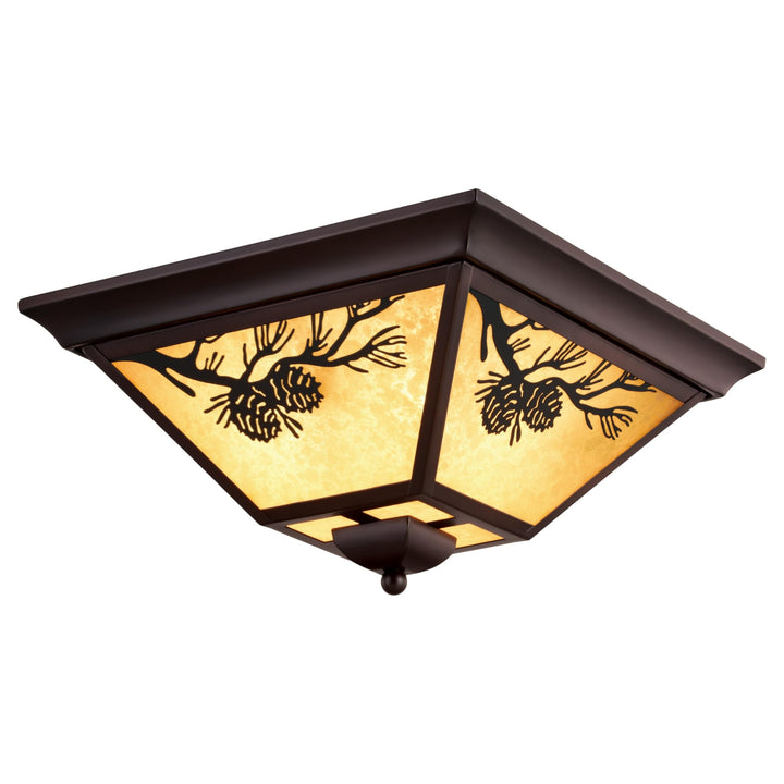 Warm Bronze Rustic Outdoor Flush Mount Ceiling Light Pine Cone Motif Amber Glass