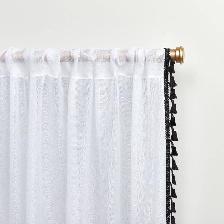 ATI Home Tassels Applique Sheer Rod Pocket Top Curtain Panel Pair