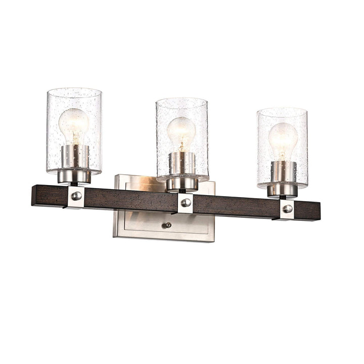 Brushed Nickel and Wood 3-Light Vanity with Glass Sconces Farmhouse Metal