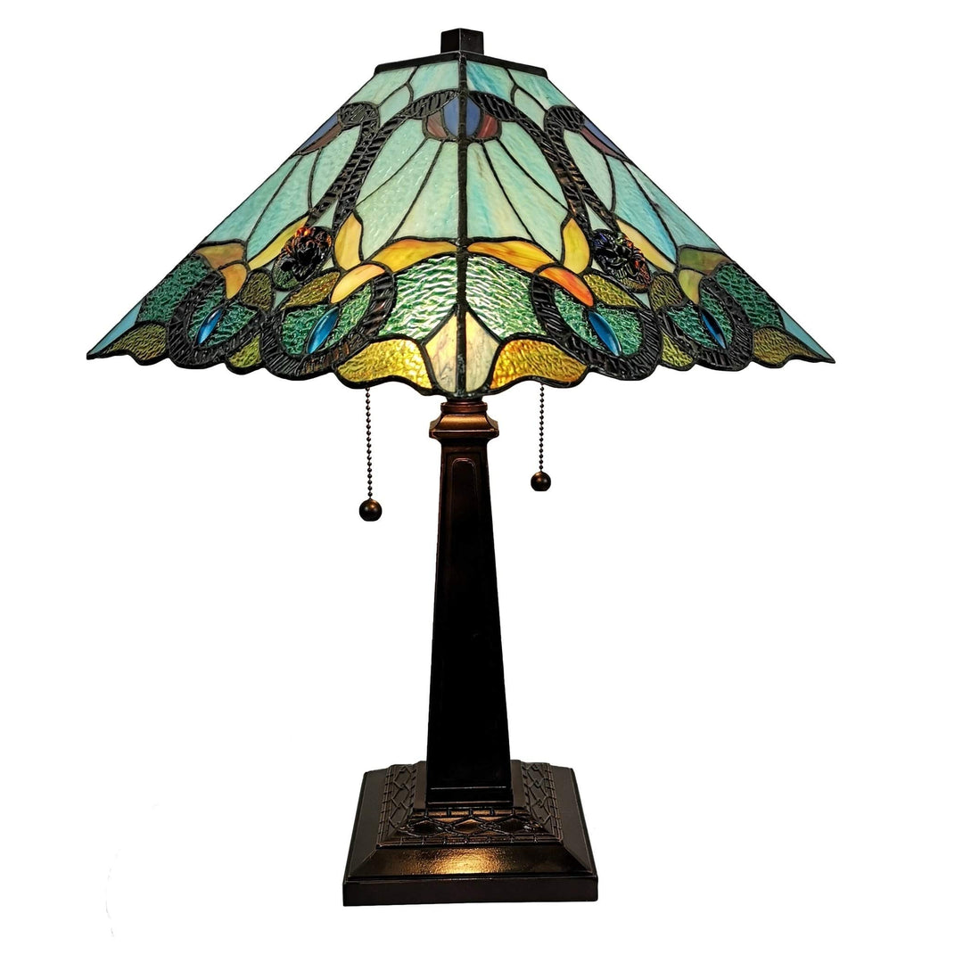 Tiffany Style Table Lamp Banker 20" Tall Stained Glass White Green Red Brown