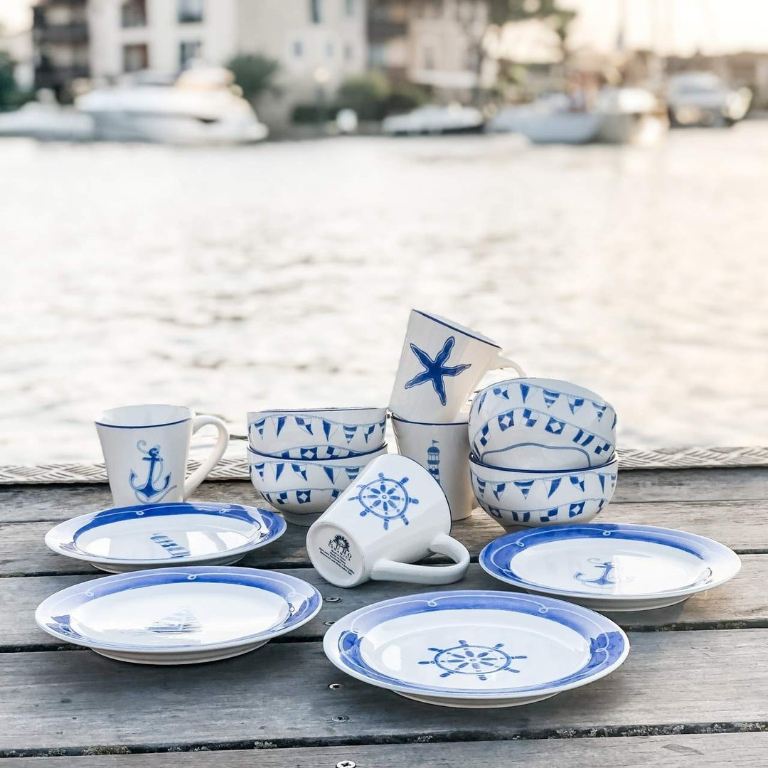 BlueWhite Ceramic 12 Piece Nautical Dessert Set Blue Navy White Coastal Casual